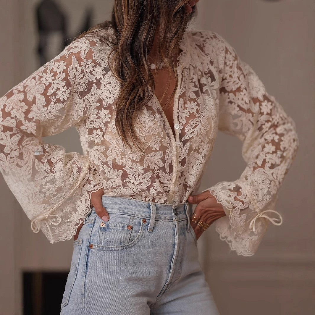Women's Sheer Floral Lace Blouse Button Up Tie Sleeve