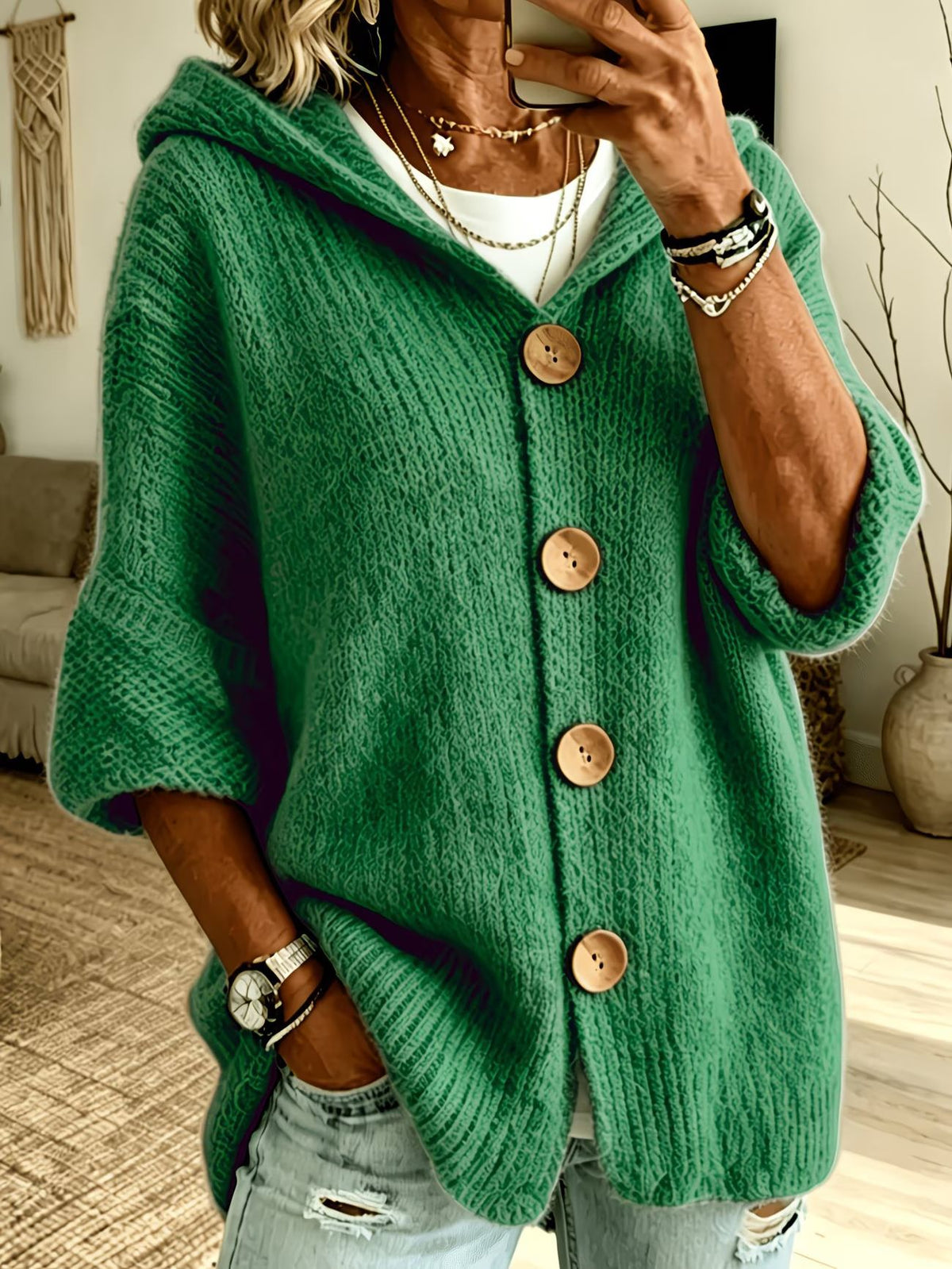 Women's Oversized Hooded Button Cardigan Sweater