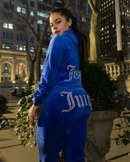 Y2K Rhinestone Velour Tracksuit 2 Piece Matching Set
