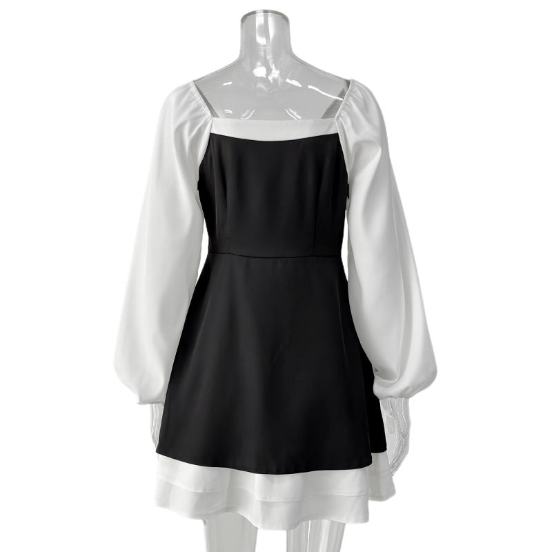 Black White Square Neck Puff Sleeve Ruffle A-Line Dress