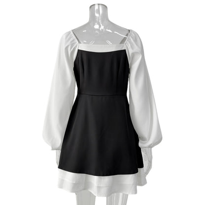 Black White Square Neck Puff Sleeve Ruffle A-Line Dress