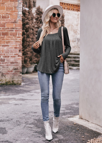 Square Neck Pleated Long Sleeve Top for Women