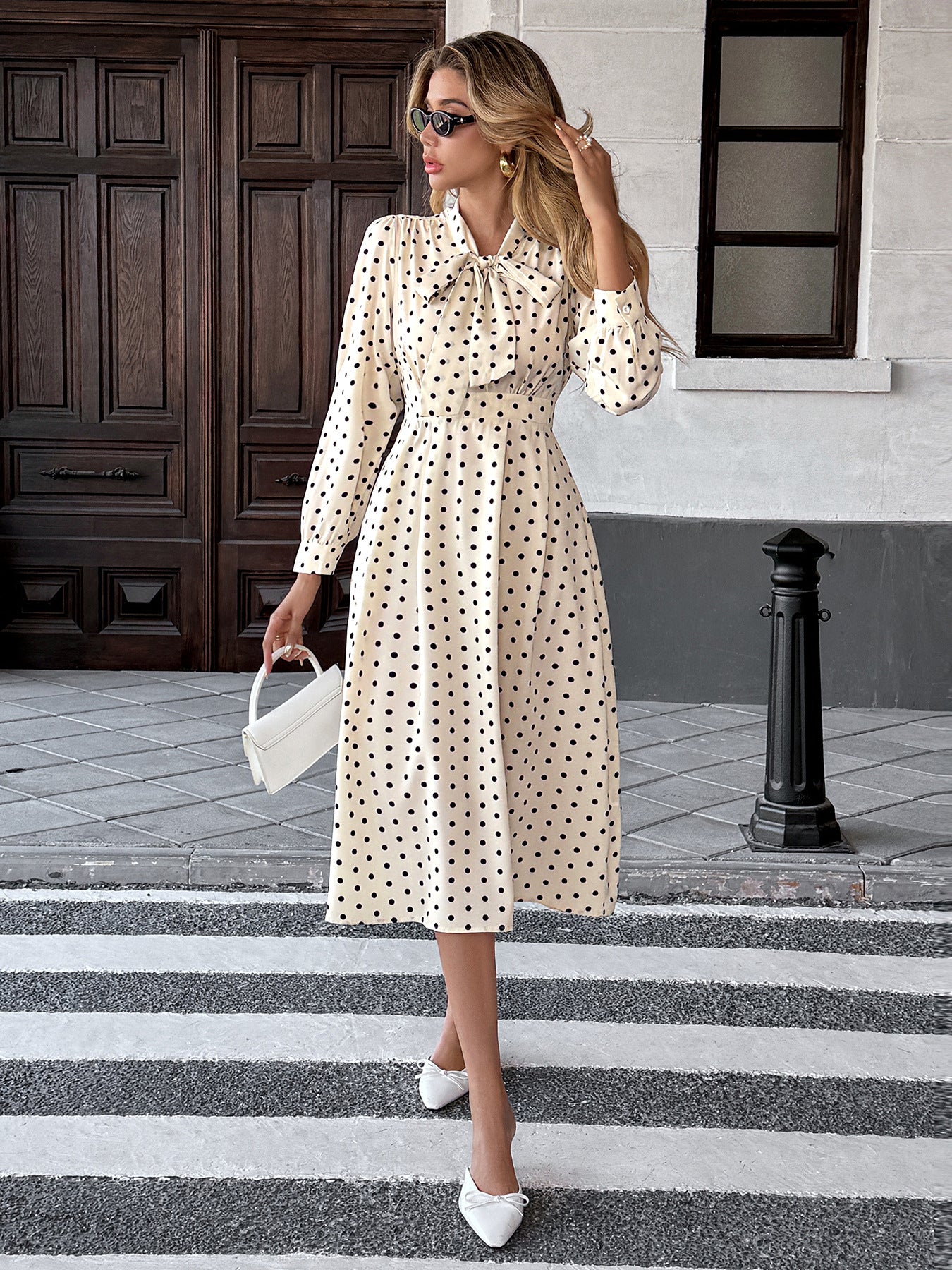 Polka Dot Bow Tie Long Sleeve A-Line Midi Dress