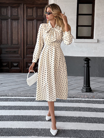 Polka Dot Bow Tie Long Sleeve A-Line Midi Dress