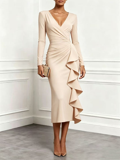 Women's V-Neck Long Sleeve Ruffle Cocktail Midi Dress