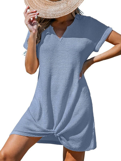 Waffle Knit V-Neck Short Sleeve Beach Cover Up Dress