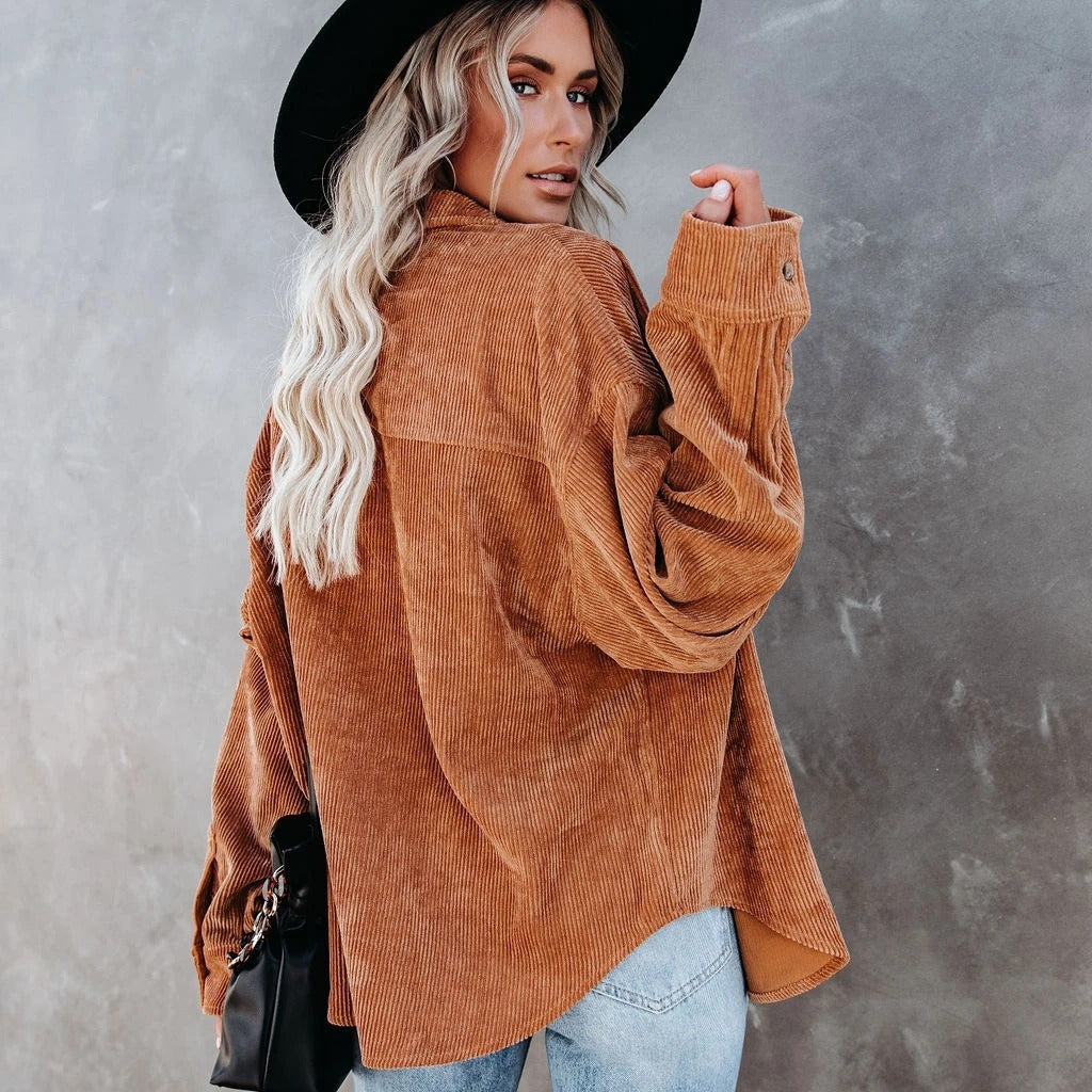 Oversized Corduroy Button-Down Shirt with Chest Pocket