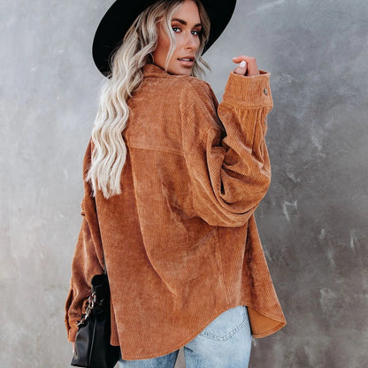 Oversized Corduroy Button-Down Shirt with Chest Pocket