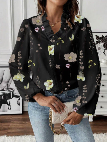 Women's Floral Ruffle Long Sleeve Blouse