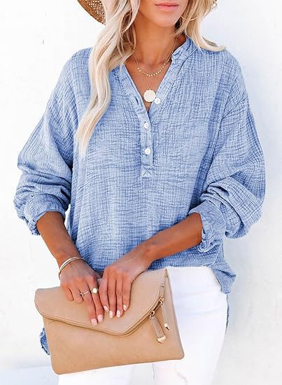 Womens Cotton Textured Long Sleeve Button Blouse