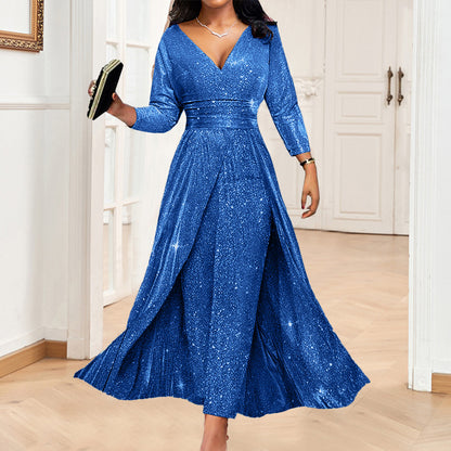 Sequin V-Neck Long Sleeve Maxi Evening Dress