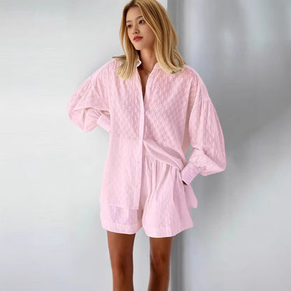 Women Textured Cotton Shirt Shorts Matching Set