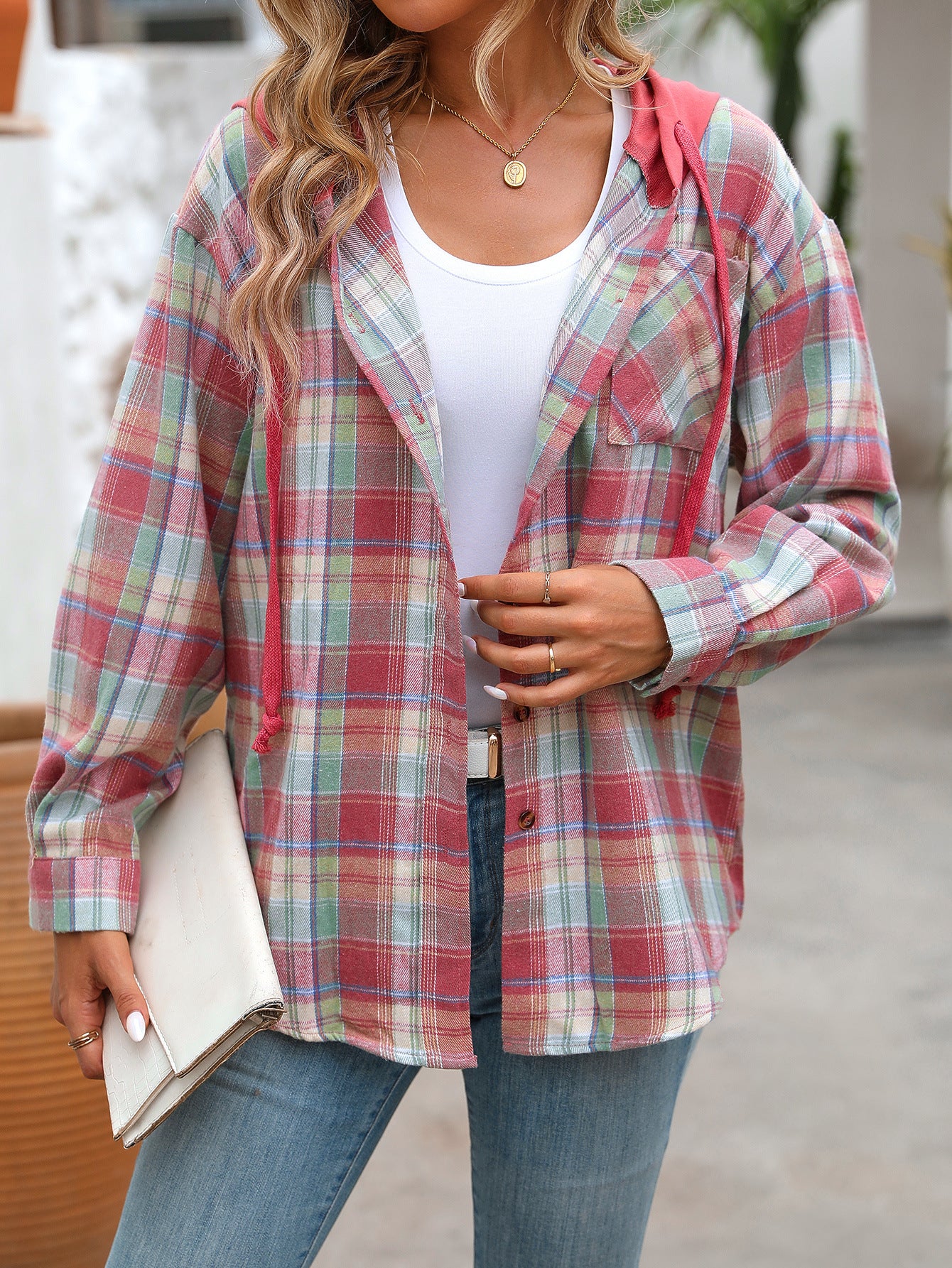 Plaid hooded button down shirt oversized fit