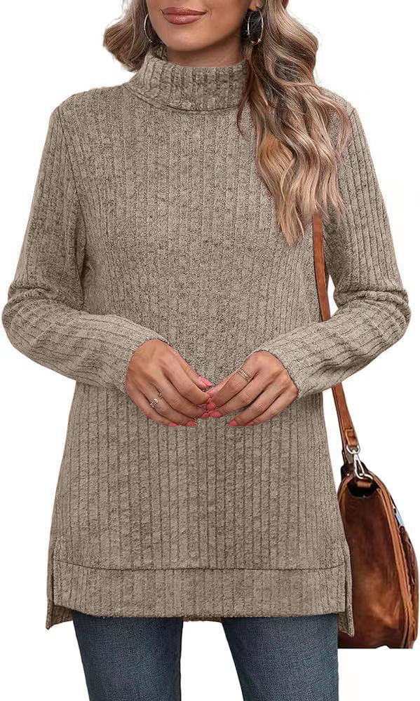 Oversized Ribbed Turtleneck Tunic Top Side Split