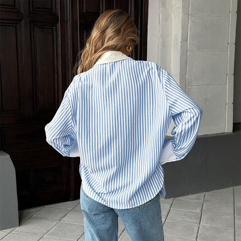 Striped Button Down Shirt Colorblock Collar Oversized Blouse