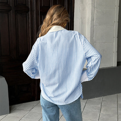 Striped Button Down Shirt Colorblock Collar Oversized Blouse