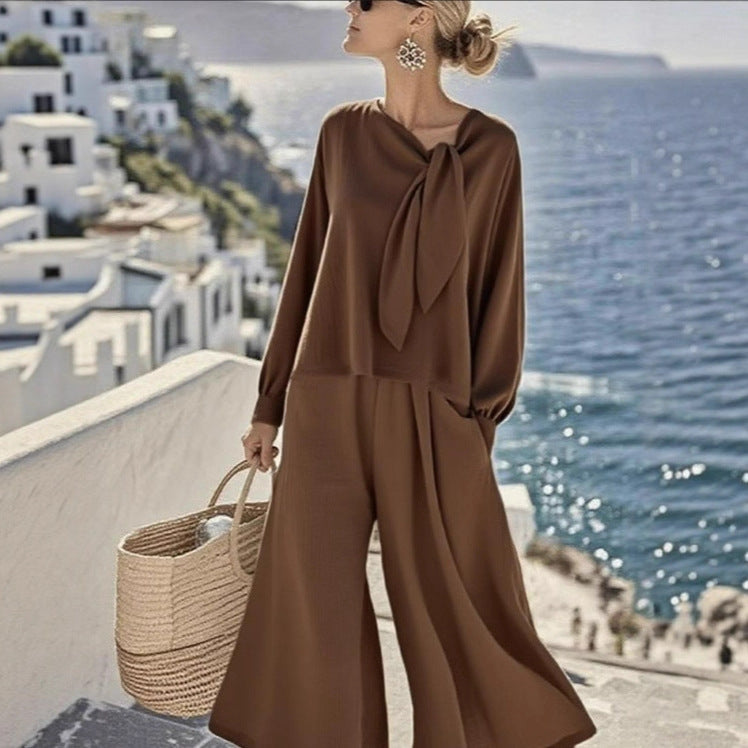 Women's Tie Neck Top Wide Leg Pants Two Piece Set