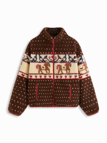 Women's Christmas Reindeer Fleece Zip Jacket with Pockets
