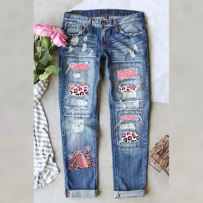 Pink Leopard Patch Ripped Jeans Women Christmas Denim