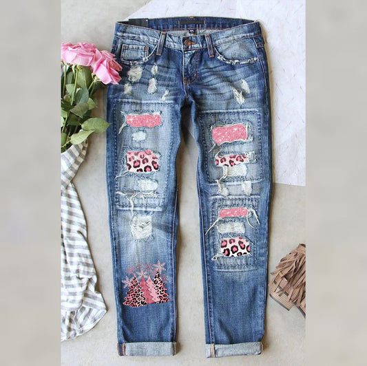 Pink Leopard Patch Ripped Jeans Women Christmas Denim