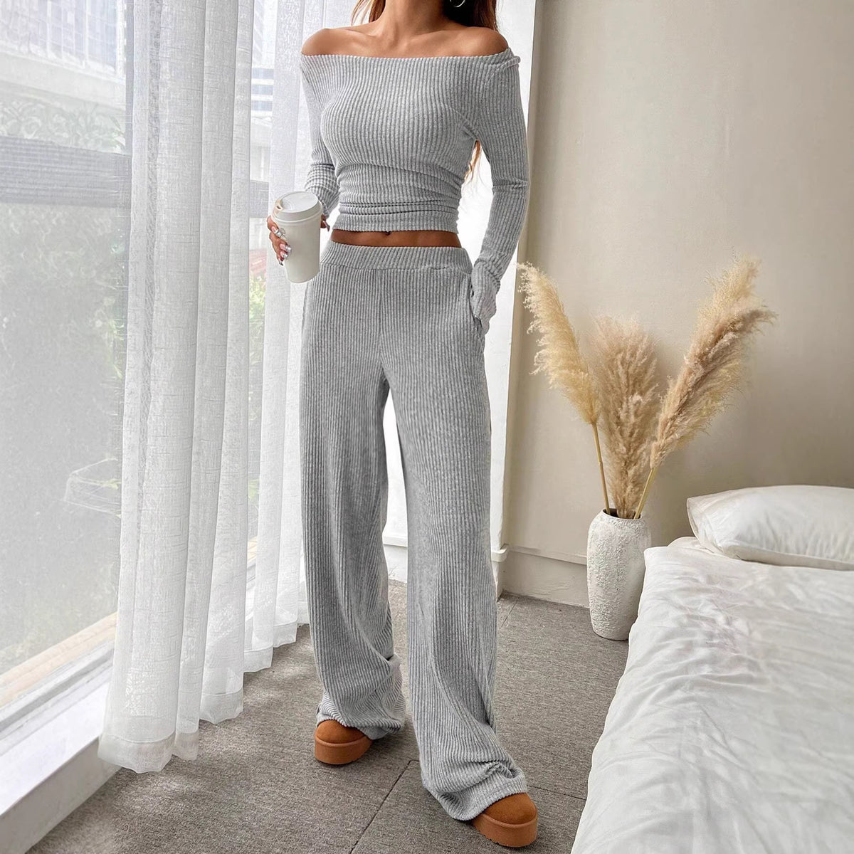 Women's Ribbed Two Piece Set Boat Neck Wide Leg Pants
