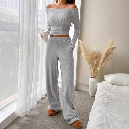 Women's Ribbed Two Piece Set Boat Neck Wide Leg Pants