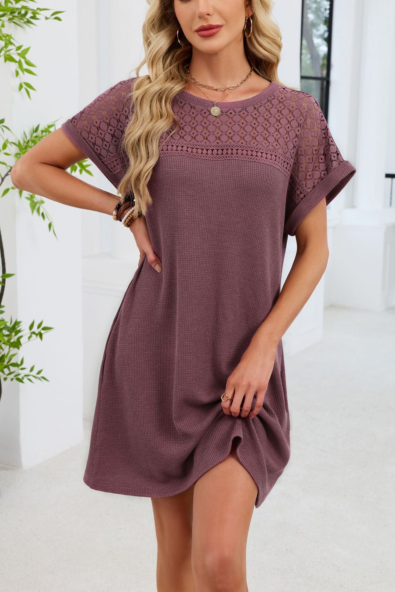 Blue Gray Yoke Loose T Shirt Dress Crew Neck