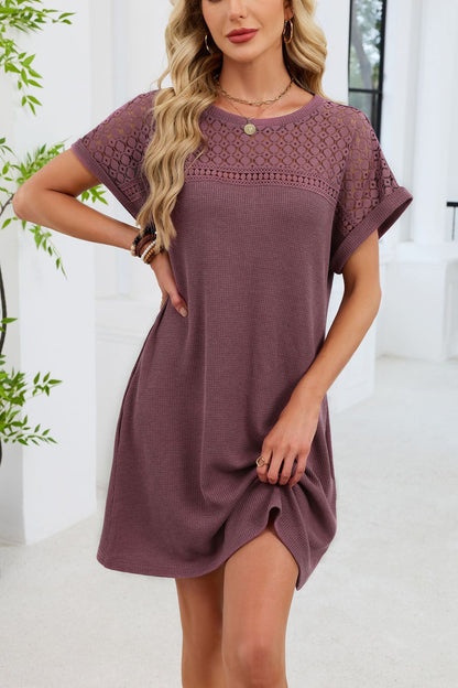 Blue Gray Yoke Loose T Shirt Dress Crew Neck