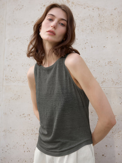 High-End 100% Linen Tank Top Slim Fit Round Neck Women’s Top