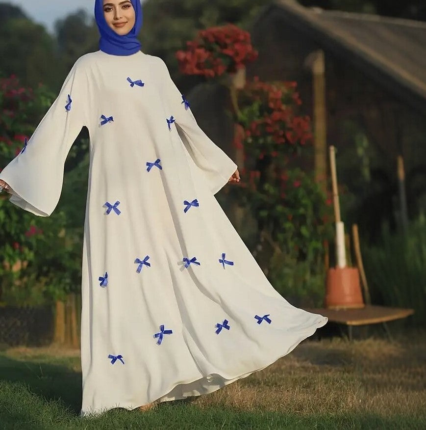 Modest White Maxi Dress Bow Details Flare Sleeves