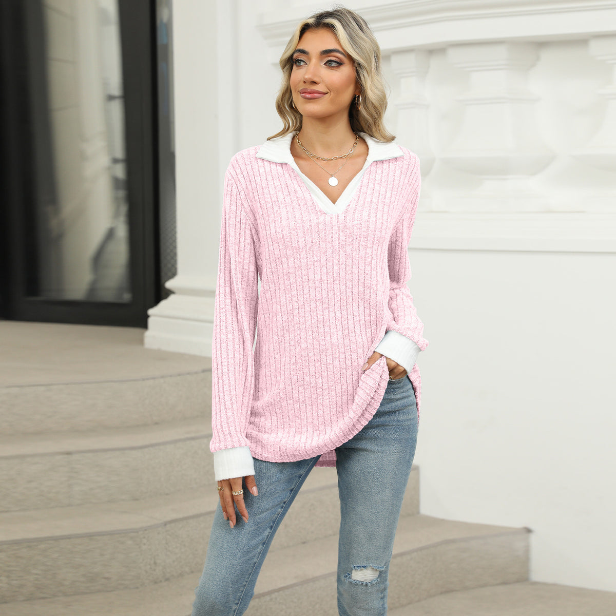 Women's Oversized Contrast Collar V Neck Long Sleeve Top