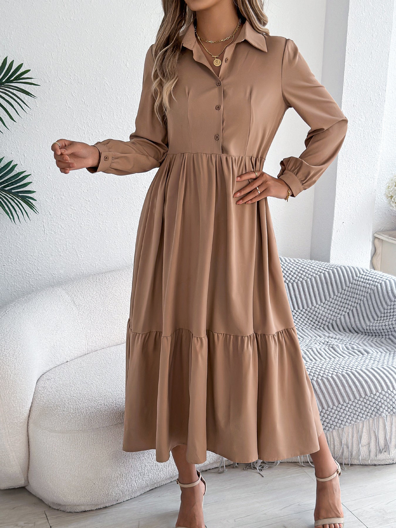 Collared Long Sleeve Tiered Shirt Dress
