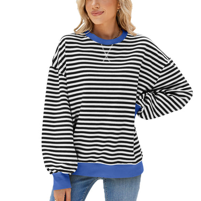Striped Color Block Crew Neck Loose Fit Long Sleeve Sweatshirt
