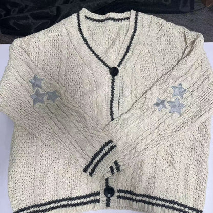 Oversized Chunky Star Embroidered V-Neck Cardigan