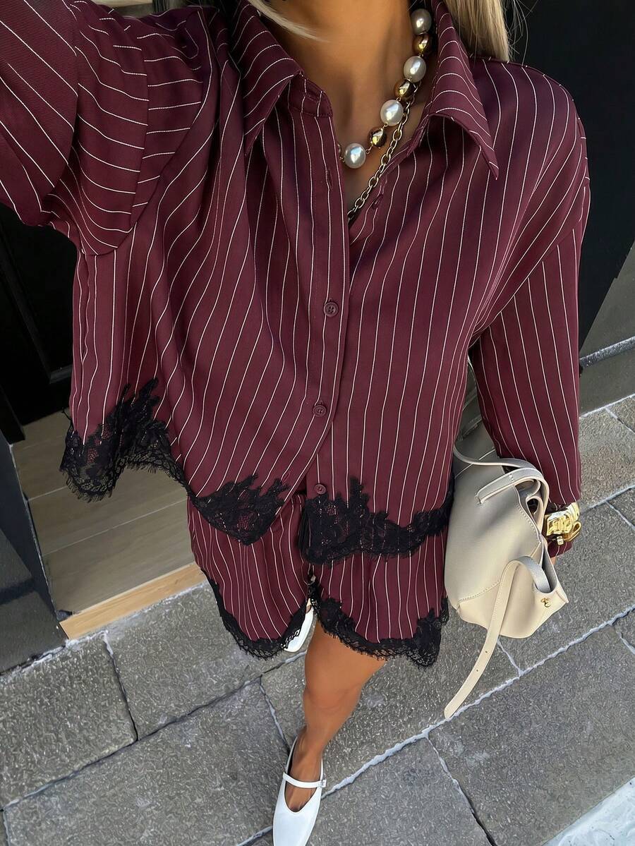 Lace Trim Striped Shirt & Drawstring Shorts Set