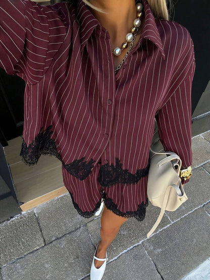 Lace Trim Striped Shirt & Drawstring Shorts Set