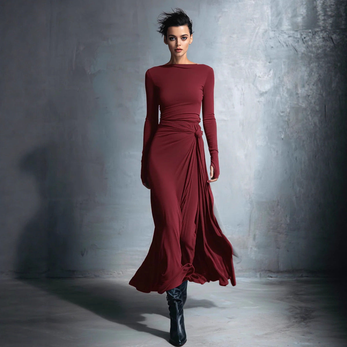 Women's Long Sleeve Knit Twist Front Wrap Maxi Dress