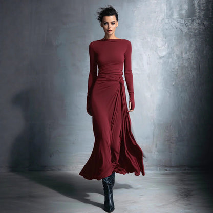 Women's Long Sleeve Knit Twist Front Wrap Maxi Dress