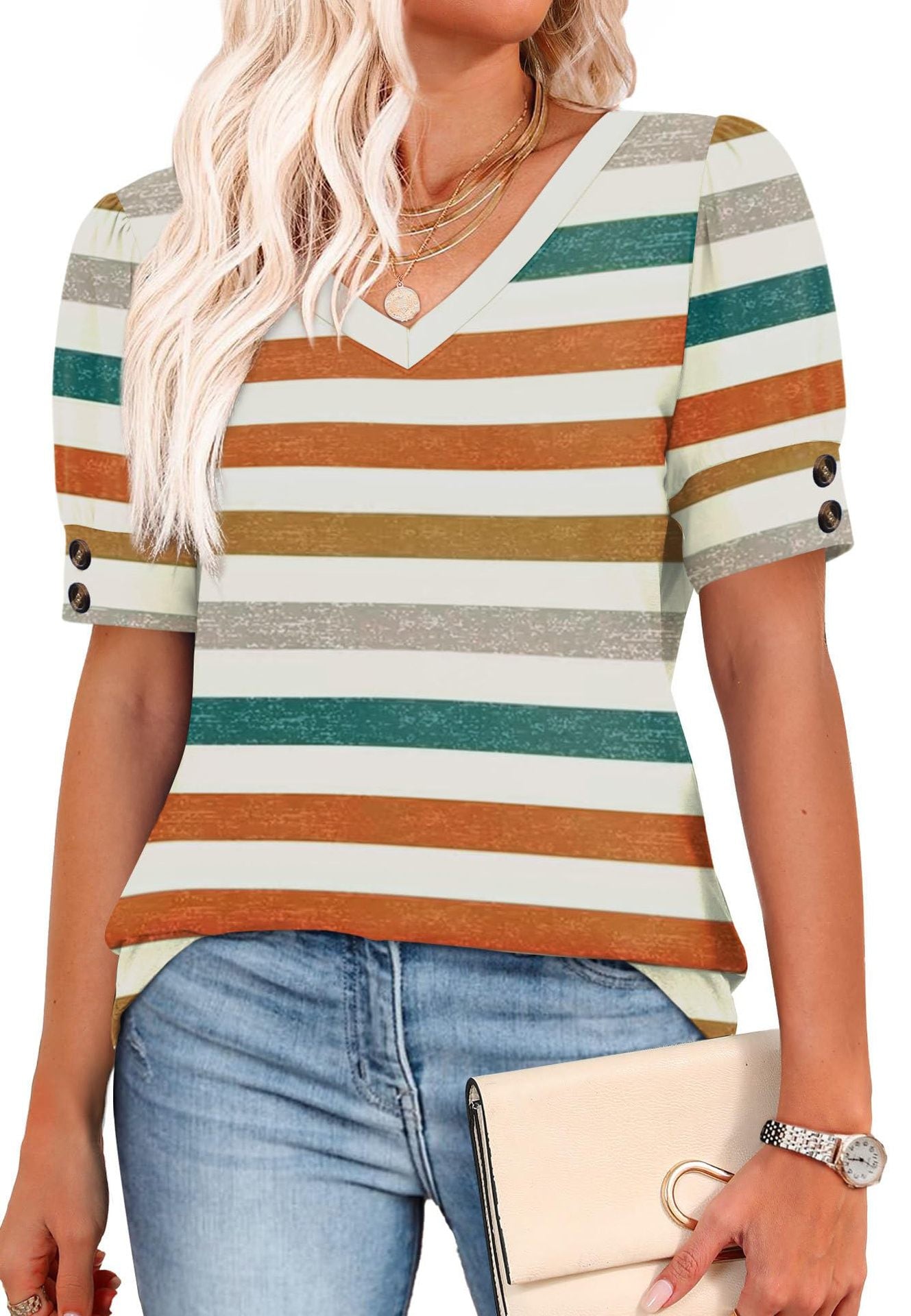 Solid Color V Neck Button Sleeve Puff Top Casual Tee
