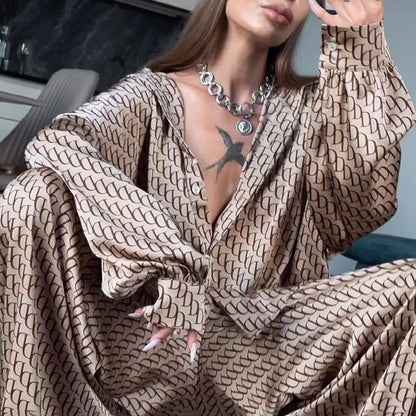 Women's Satin Logo Print Shirt & Wide Leg Pants Set