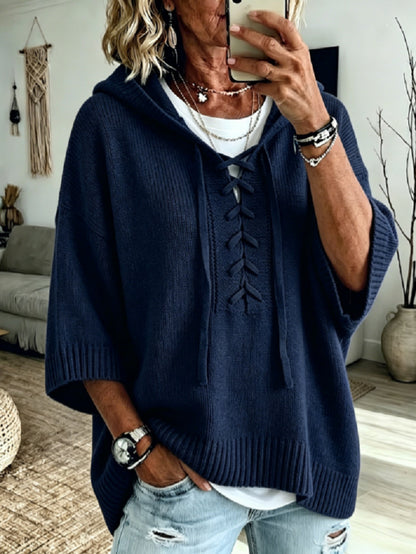 Womens Oversized Hooded Sweater Lace-Up 3/4 Sleeve Pullover