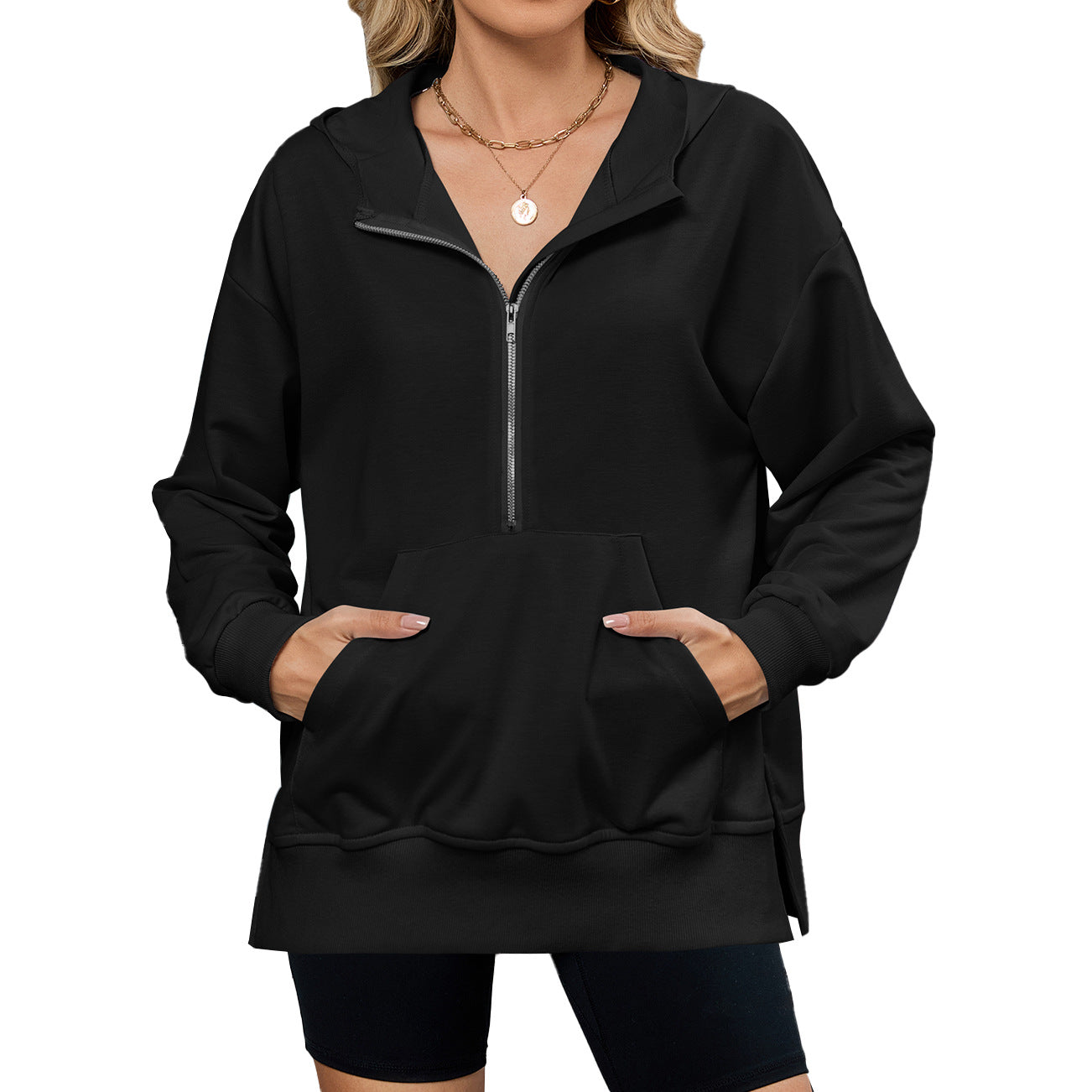 Womens Half Zip Hoodie Oversized Pocket Sweatshirt