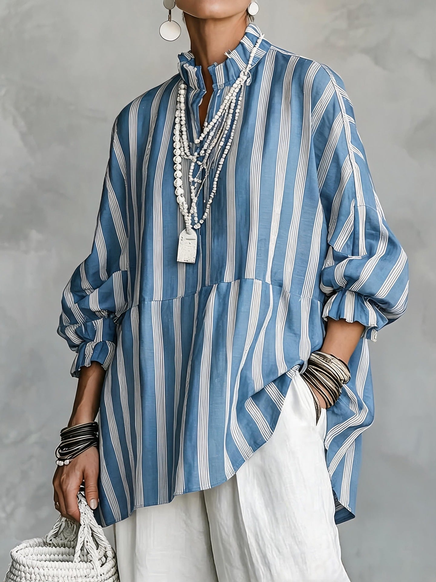 Women's Oversized Striped Blouse Balloon Sleeve Tunic Top