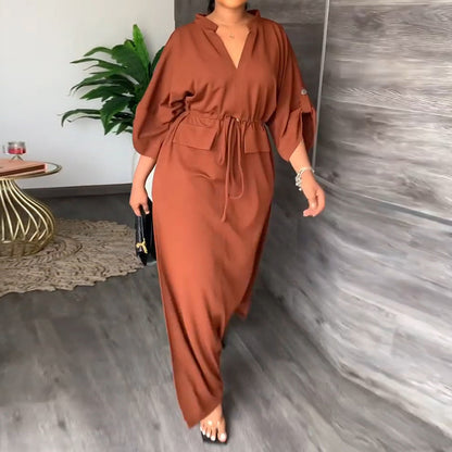 Women's V-Neck Tie Waist Maxi Dress Plus Size