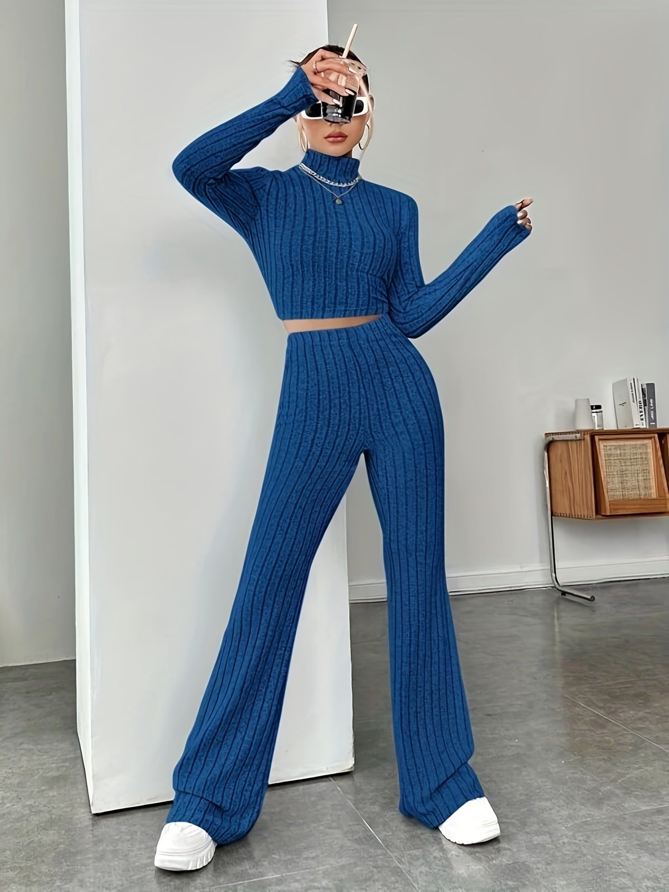 Women's Ribbed Knit Crop Top & Flare Pants Matching Set