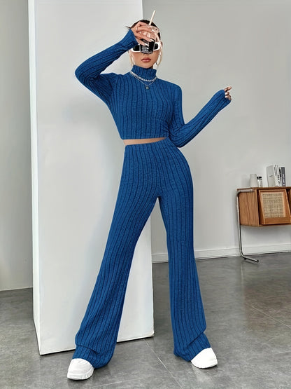 Women's Ribbed Knit Crop Top & Flare Pants Matching Set
