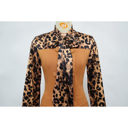 Leopard Print Tie Neck Blouse & Wide Leg Pants Set