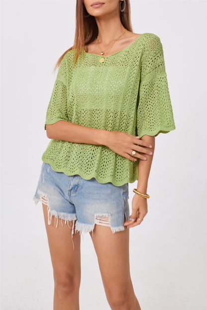 Crochet Knit Sweater Top Loose Hollow Out Short Sleeve Pullover