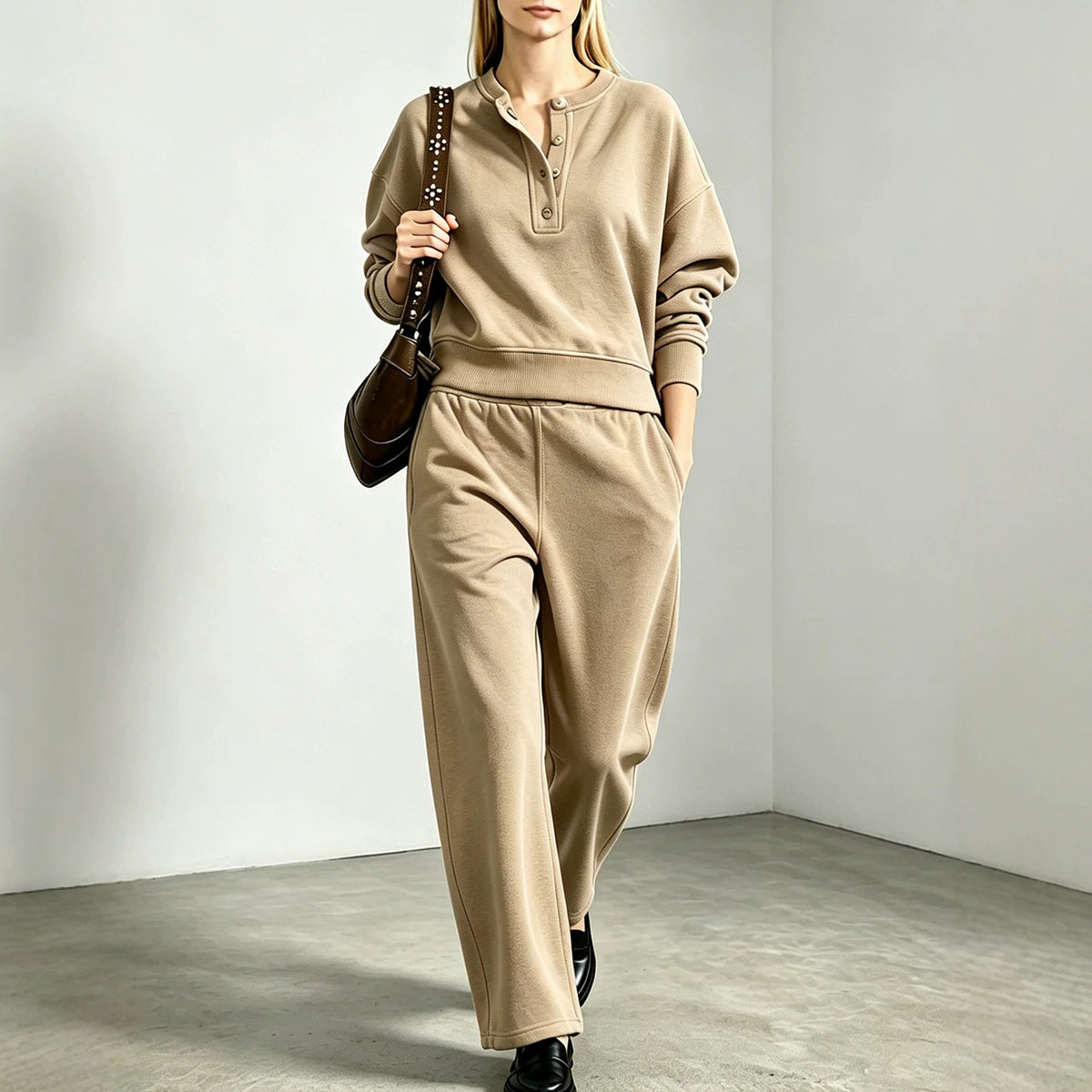 Women's Oversized Henley Sweatshirt Sweatpants Set