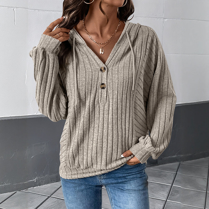 Women's Hooded Ribbed Knit Sweater Button Front Pullover
